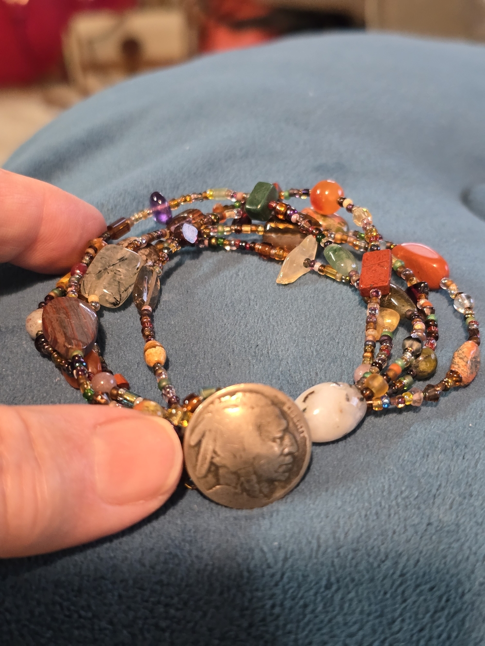 Artisan Multicolor Multi-Gemstone Beaded Wrap Bracelet with Silver Coin Closure - Picture 4 of 7